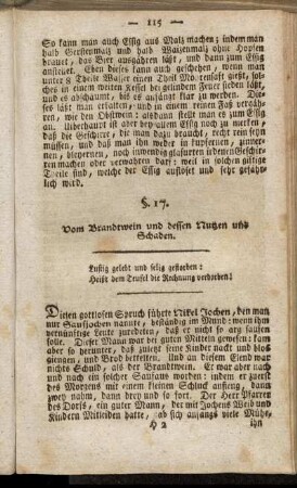 §. 17. Vom Brandtwein und dessen Nutzen und Schaden. - §. 23. Vom Heurathen.
