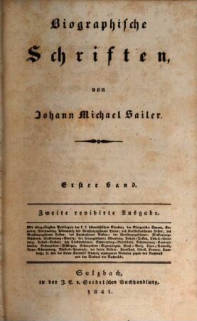 Johann Michael Sailer's sämmtliche Werke, 38. Biographische Schriften ; 1