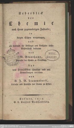 Überblick der Chemie nach ihrem gegenwärtigen Zustand