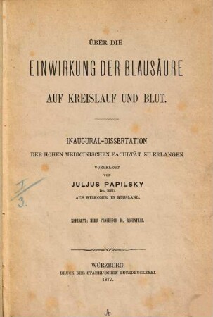 über die Einwirkung der Blausäure auf Kreislauf und Blut