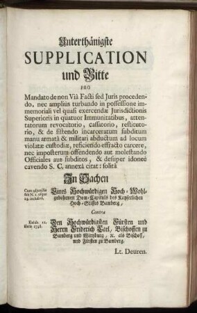 Unterthänigste Supplication und Bitte ...