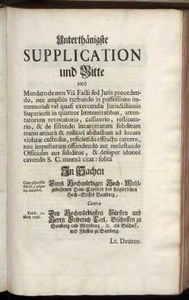 Unterthänigste Supplication und Bitte ...