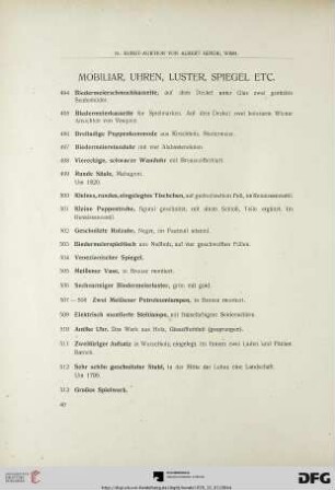 Mobiliar, Uhren, Luster, Spiegel, etc. (Nr. 494-569)