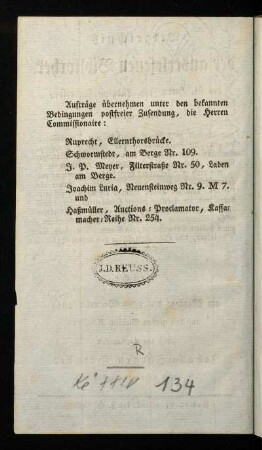 Aufträge übernehmen unter den bekannten Bedingungen postfreier Zusendung ...