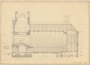 Kaiser-Wilhelm-Gedächtniskirche, Berlin-Charlottenburg: Wiederaufbau, Längsschnitt Mittelachse Kirchenschiff, 1:100