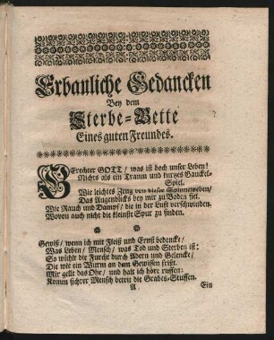 Erbauliche Gedancken Bey dem Sterbe-Bette Eines guten Freundes.