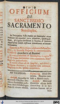Officium De Sanctissimo Sacramento.