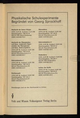 Physikalische Schulexperimene Begründet von Georg Sprockhoff