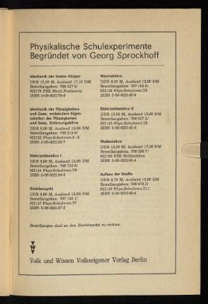 Physikalische Schulexperimene Begründet von Georg Sprockhoff