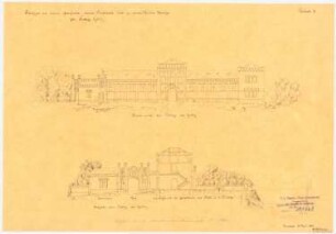 Schloss Graetz bei Troppau Umbau: neuer Marstall, Torbau mit Portierhaus: Ansicht vom Platz von Graetz, Schnitt des Mittelbaus, Maßstabsleiste (Fuß rhl.)