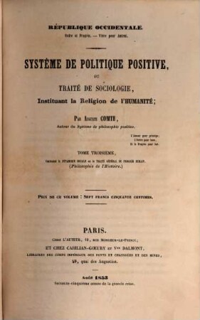 Système de politique positive : ou Traité de sociologie, instituant la religion de l'humanité, 3. La dynamique sociale ou le traité général du progrès humain