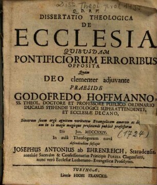 Dissertatio Theologica De Ecclesia Quibusdam Pontificiorum Erroribus Opposita