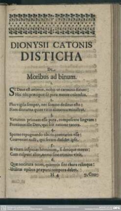 Dionysii Catonis Distica De Moribus ad binum