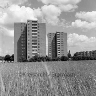 Ebereschenweg: vorne ein Feld, dahinter ein Wohnhochhaus, rechts Wohngebäude: Blick von Westen