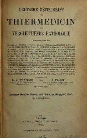 Deutsche Zeitschrift für Thiermedicin und vergleichende Pathologie. 2. 1876