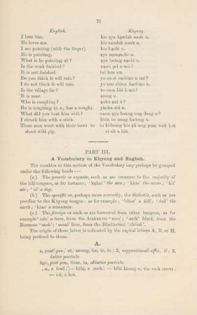 Part III. A vocabulary in Khyeng and English