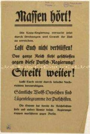 Aufruf zur Weiterführung des Generalstreiks gegen den Lüttwitz-Kapp-Putsch 1920