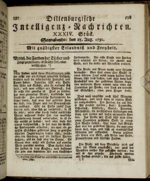 XXXIV. Stück. Sonnabends: den 25. Aug. 1792.