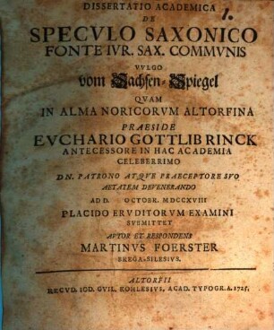 Diss. iur. de speculo Saxonico fonte iur. Sax. communis, vulgo vom Sachsen-Spiegel