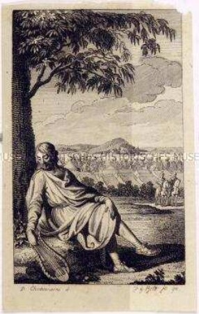Ein antikisch gekleideter Mann mit Lyra im Freien, im Hintergrund eine Kampfszene - Titelkupfer zum "Taschenbuch von J. G. Jacobi und seinen Freunden" aus dem Jahre 1795