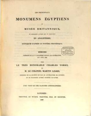 Les principaux monumens Egypt. du Musée Britannique