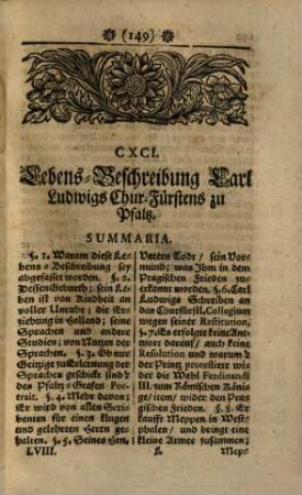 Curieuses Bücher-Cabinet Oder Nachricht von Historischen, Staats- und galanten Sachen, 58. Welcher vorstellet: I. Eine Lebens-Beschreibung Carl Ludwigs Churfürstens zu Pfaltz ...