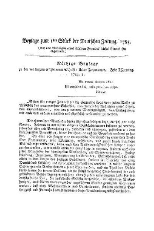 Beylage zum 1ten Stück der Deutschen Zeitung 1785