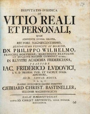 Dispvtatio Ivridica De Vitio Reali Et Personali