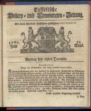 52. Stueck, Montag den 28ten Decembr. 1767