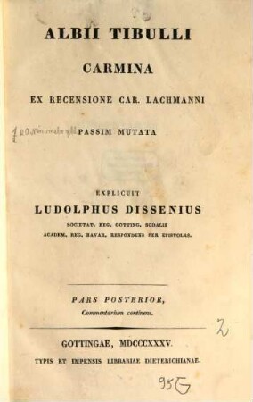 Albii Tibulli carmina : ex recensione Car. Lachmanni passim mutata, 2. Commentarium continens