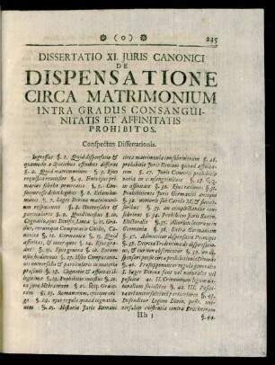 Dissertatio XI. Juris Canonici De Dispensatione Circa Matrimonium Intra Gradus Consanguinitatis Et Affinitatis Prohibitos