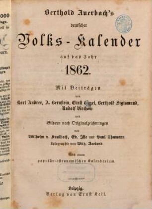Berthold Auerbach's deutscher Volkskalender : auf d. Jahr .... 1862