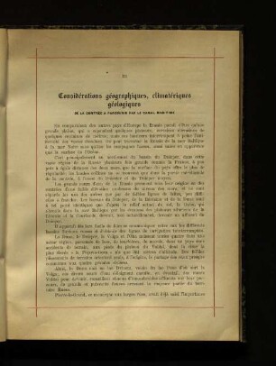 III Considerations geographiques, elimateriques géologiques