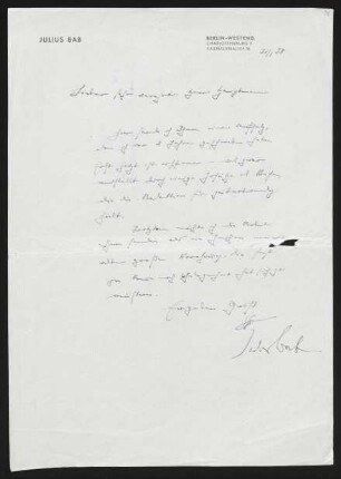 Brief von Julius Bab an Gerhart Hauptmann