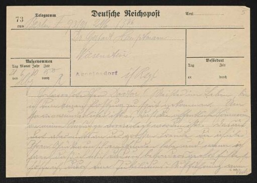 Brief von Victor Barnowsky an Gerhart Hauptmann