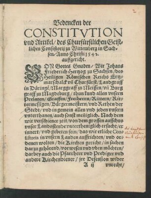 Bedencken der Constitution und Artikel/ des Churfürstlichen Geistlichen Consistorii zu Wittemberg