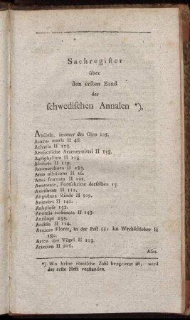 Sachregister über den ersten Band der schwedischen Annalen