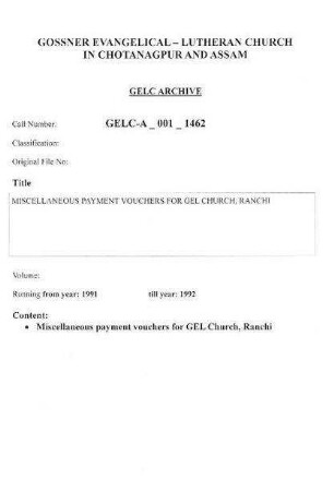 MISCELLANEOUS PAYMENT VOUCHERS FOR GEL CHURCH, RANCHI