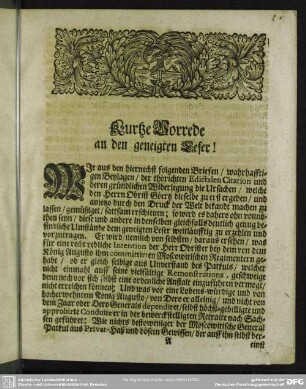 Kurtze Vorrede an den geneigten Leser!