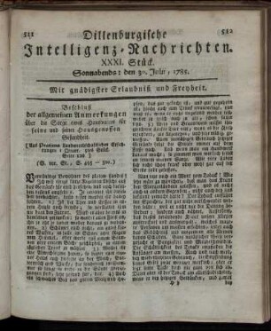 XXXI. Stück. Sonnabends: den 30. Julii, 1785.