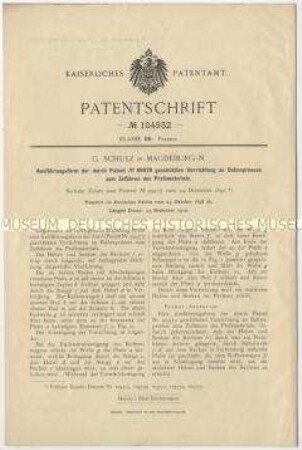Patentschrift einer Vorrichtung an Ballenpressen für die Zuführung des Preßgutes, Patent-Nr. 104932
