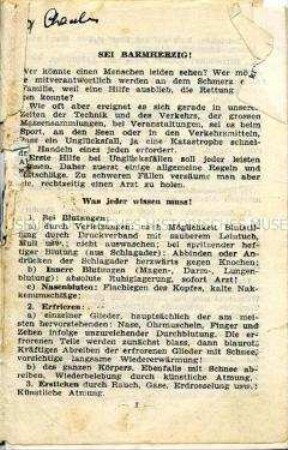 Kommunistische Tarnschrift u.a. zur Lage der Kirchen in NS-Deutschland im Einband eines Ratgebers für erste Hilfe (ohne Umschlag)