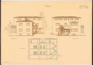 Umbau eines Landhauses Monatskonkurrenz Februar 1933: Aufriss Straßenansicht, Gartenansicht, Längsschnitt