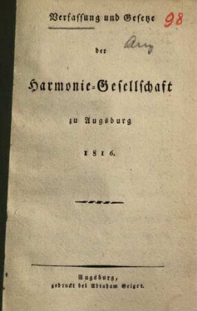 Verfassung und Gesetze der Harmonie-Gesellschaft in Augsburg