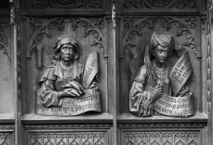 Gestühl, Rückwand mit Darstellungen von Sara (links), Rebekka (Mitte), Rahel (rechts)
