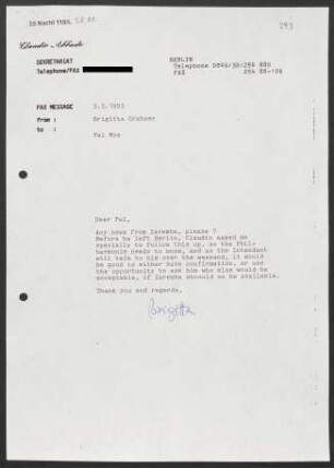 Brief an Pål Christian Moe, 03.03.1993