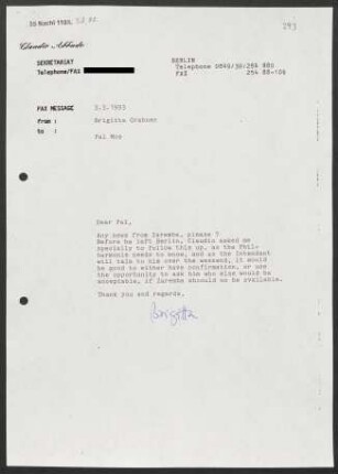 Brief an Pål Christian Moe, 03.03.1993