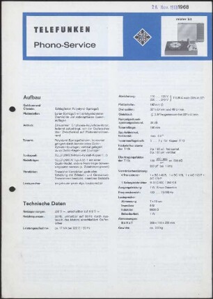 Bedienungsanleitung: Telefunken Phono-Service mister hit und Zusatzblatt Phono-Service mister hit 70