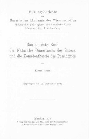 Das siebente Buch der Naturales Quaestiones des Seneca und die Kometentheorie des Poseidonios