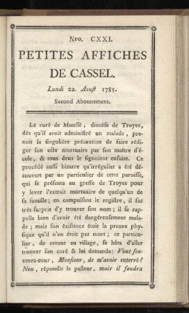 No CXXI (Lundi 22. Aoust 1785)